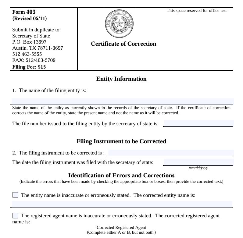Texas Certificate of Correction